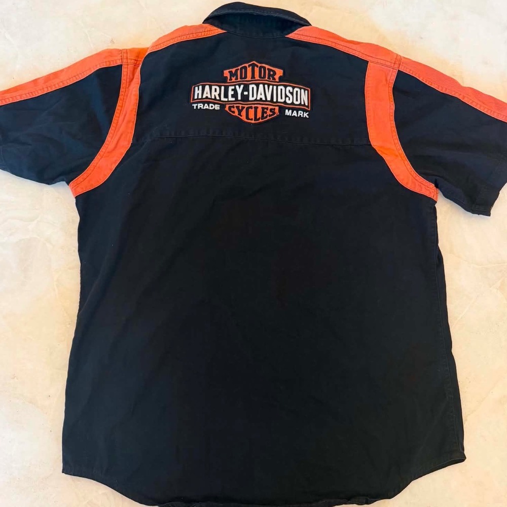 Harley-Davidson Mens Black Orange Short Sleeve Button Up Work Shirt Large Logo